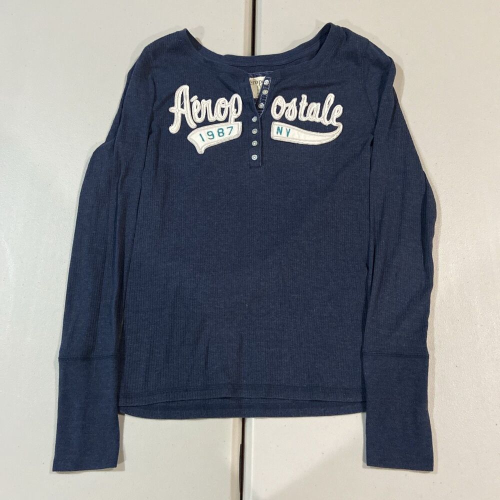 Vintage Y2K Aeropostale Blue Henley Top T Shirt Babydoll Size Large Bella Swan